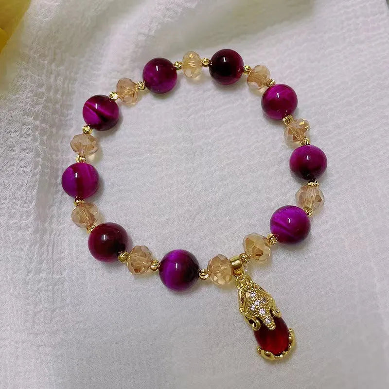 Natural Tigereye stone crystal bracelet with single or double chain in rose red or green with Fox or Pixiu motifs