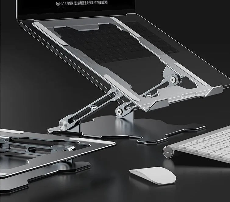 Grey adjustable aluminium laptop stand holding a silver laptop, shown in a folded and unfolded position.