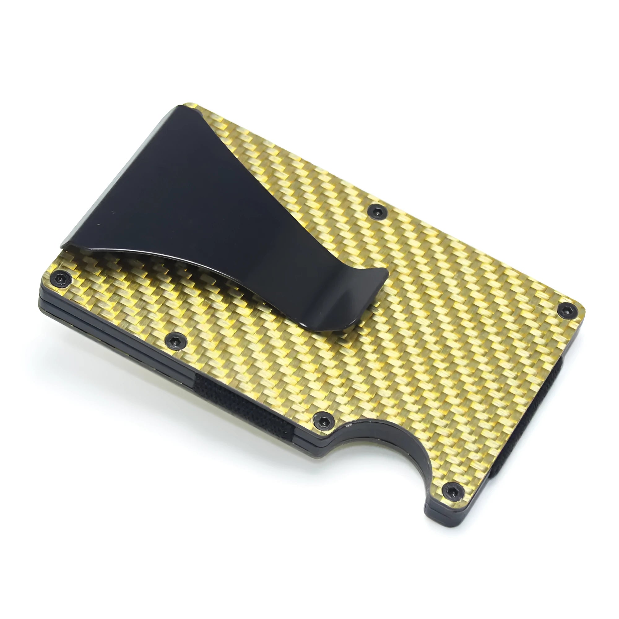 Slim black carbon fibre geometric wallet holding bank cards, showing 8mm thickness profile.