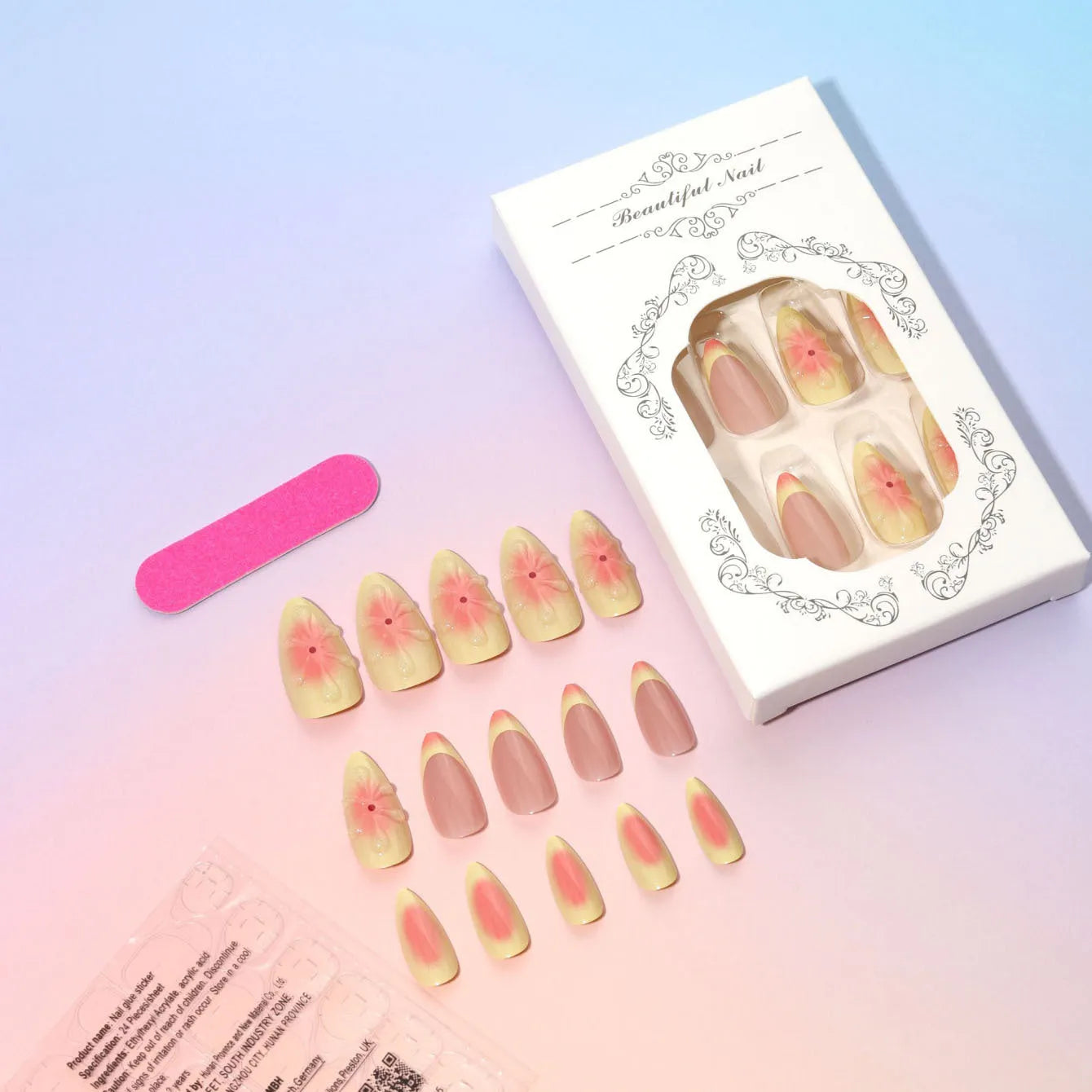Simple fake nails set with 3D cartoon flower designs, jelly glue, and filing strip, colour TY-318.