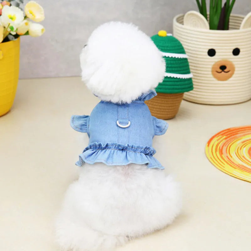 Blue denim dog dress vest with ruffle trim and back leash hook for small dogs