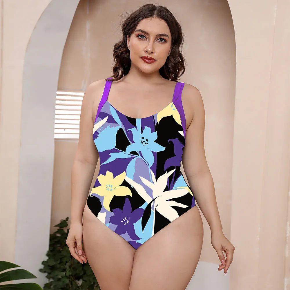 Floral print one-piece swimsuit with spaghetti straps and conservative vest design