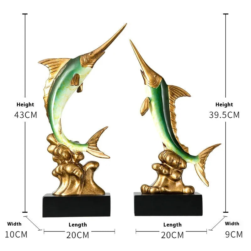 European-style resin swordfish decorative ornament in a choice of four colours on a shelf.