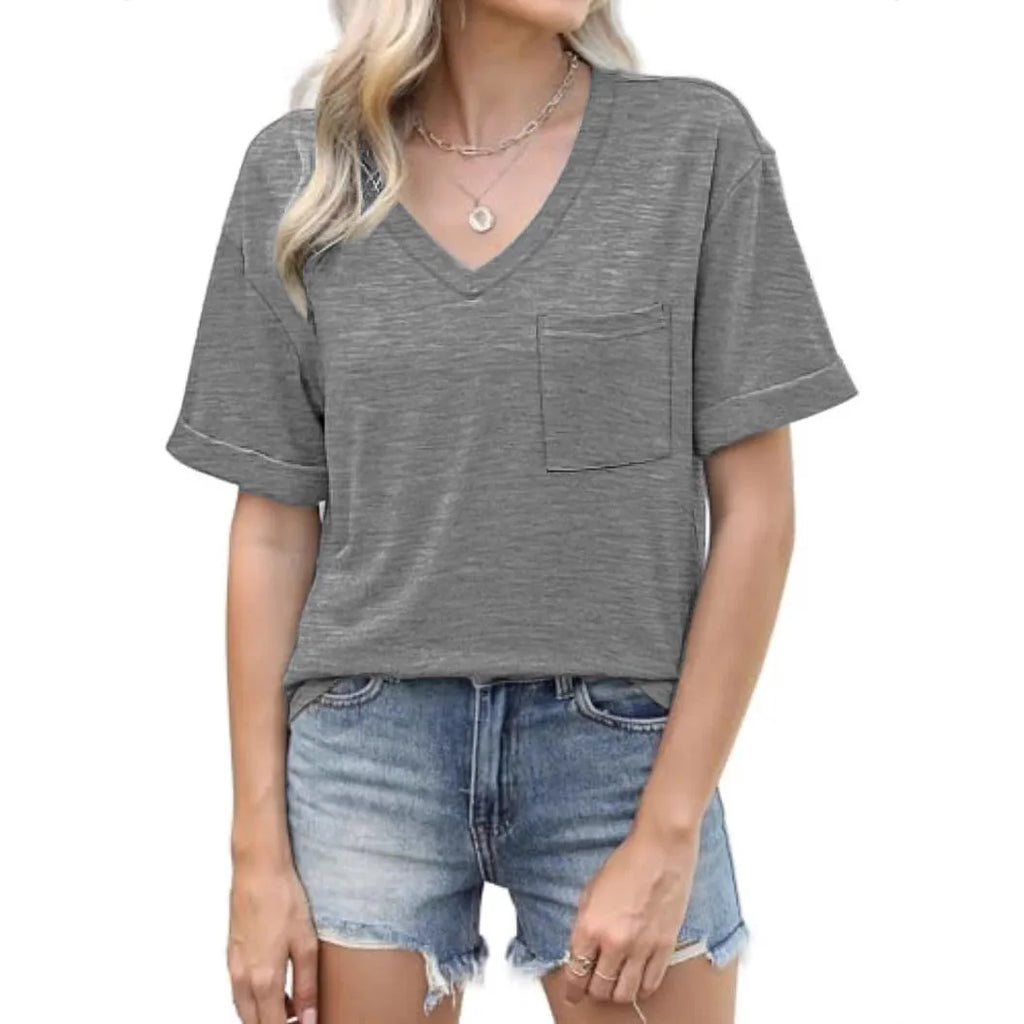 Grey men's loose fit V-neck t-shirt with a chest pocket, short sleeves, on a solid background.