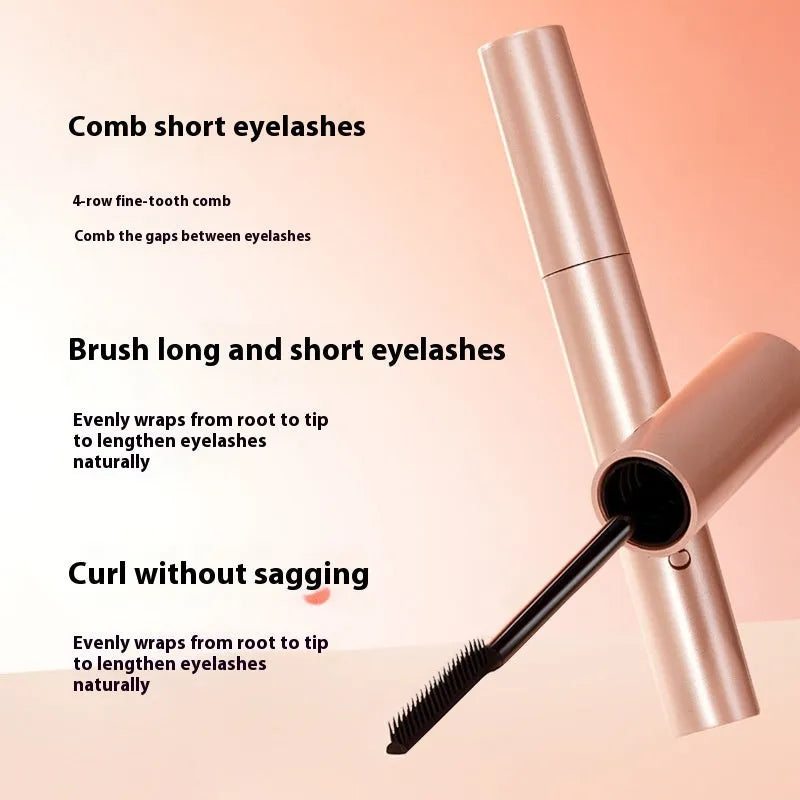 Black natural curly long mascara container with curved brush applicator showing 14cm length