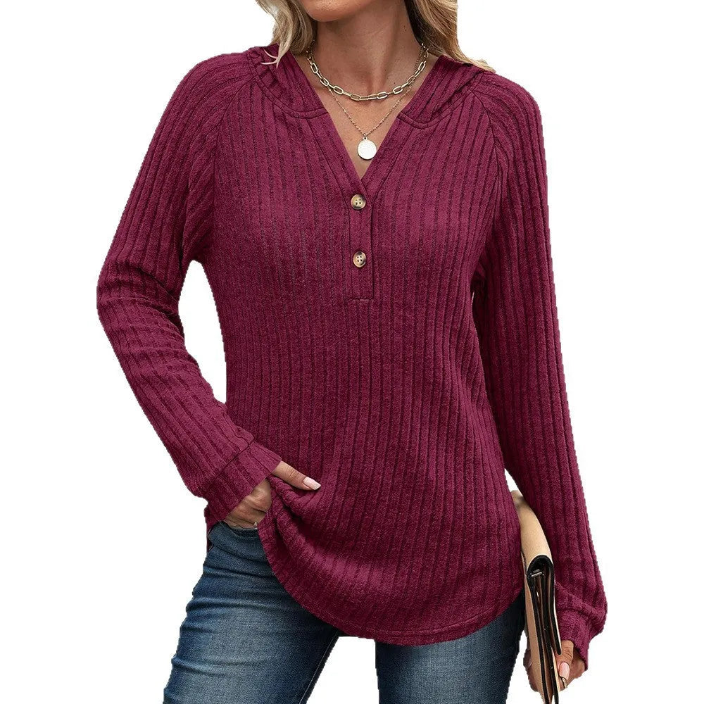 Solid colour v-neck button loose hooded fleece knitted top in polyester, available in multiple colours