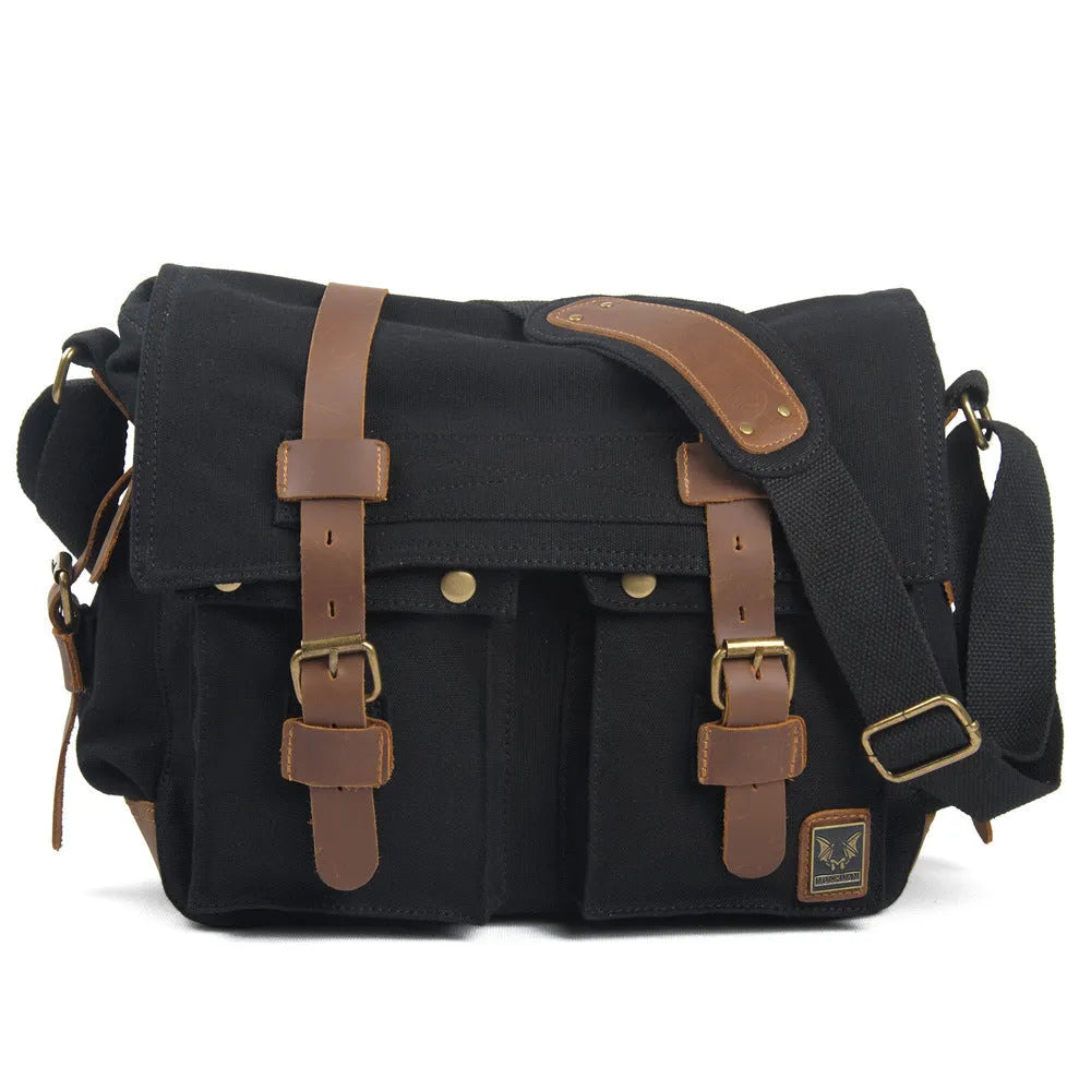 Men's retro canvas crossbody shoulder bag with flap closure and cowhide detailing in multiple colour options