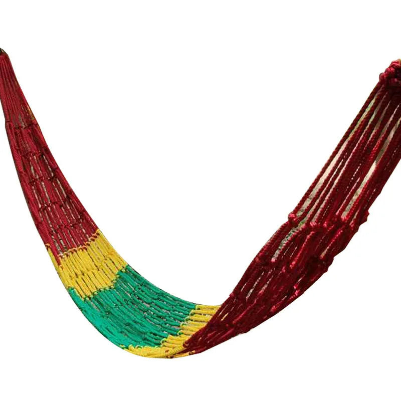 Outdoor bold style nylon rope mesh hammock shown in a garden setting