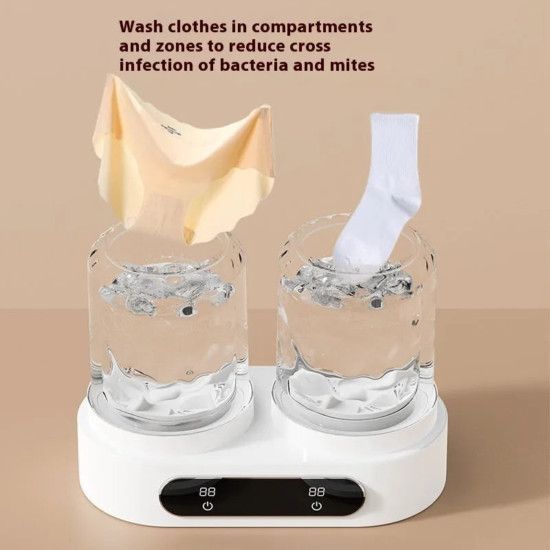 White double bucket mini USB washing machine with two lids on a countertop.