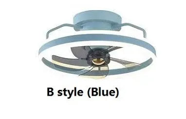 Modern white ceiling fan lamp with integrated light and five blades, mounted on a ceiling.