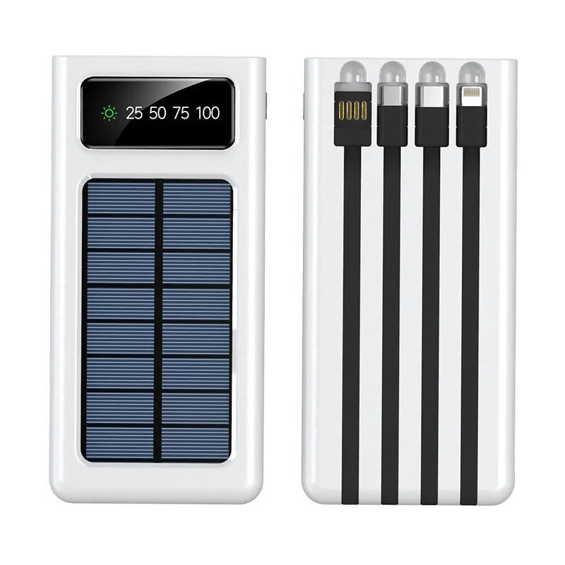 Black or white 20000mAh solar power bank with cable, showing creative design and portable size