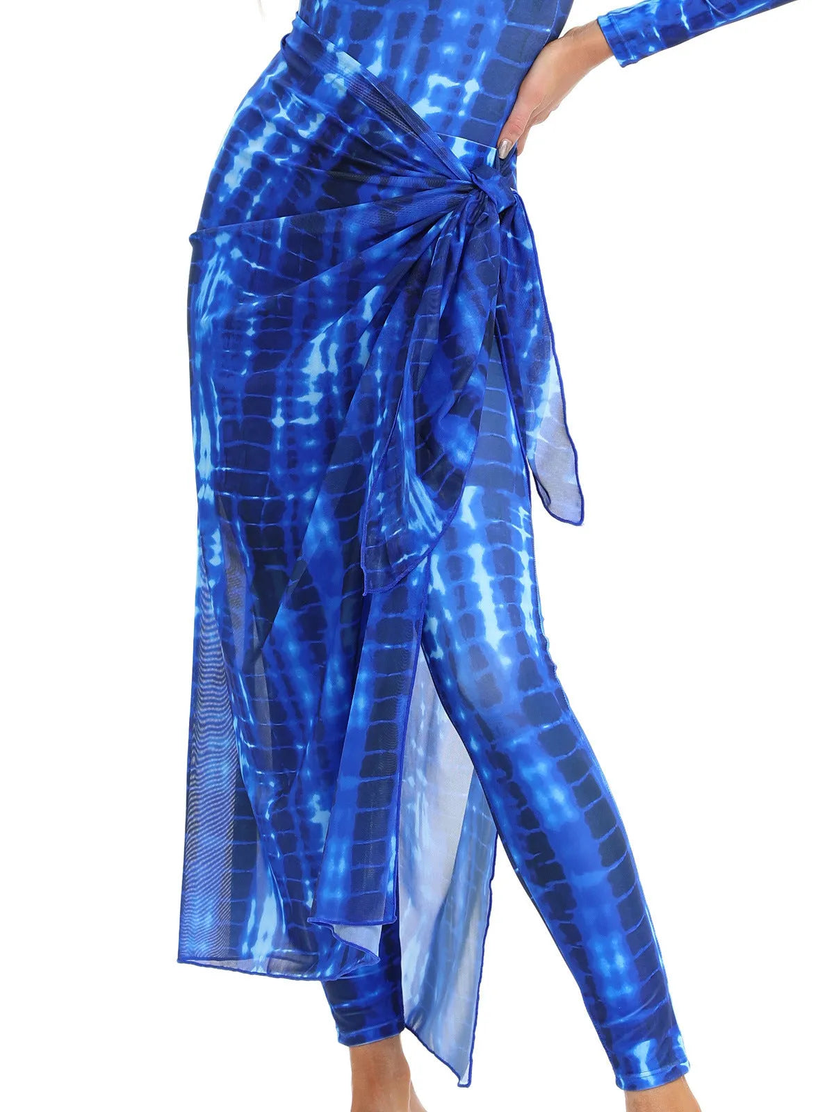 Conservative Muslim swimsuit three-piece set with apron in blue, white, or light green colour options.