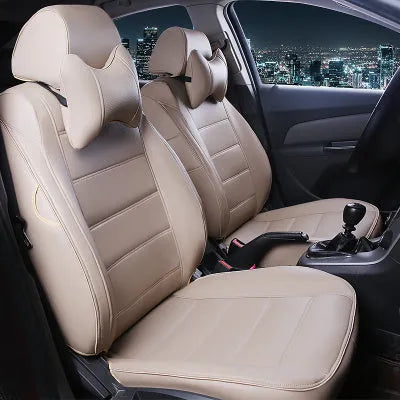 Cow leather car seat cover with binding style construction in beige colour option on passenger seat