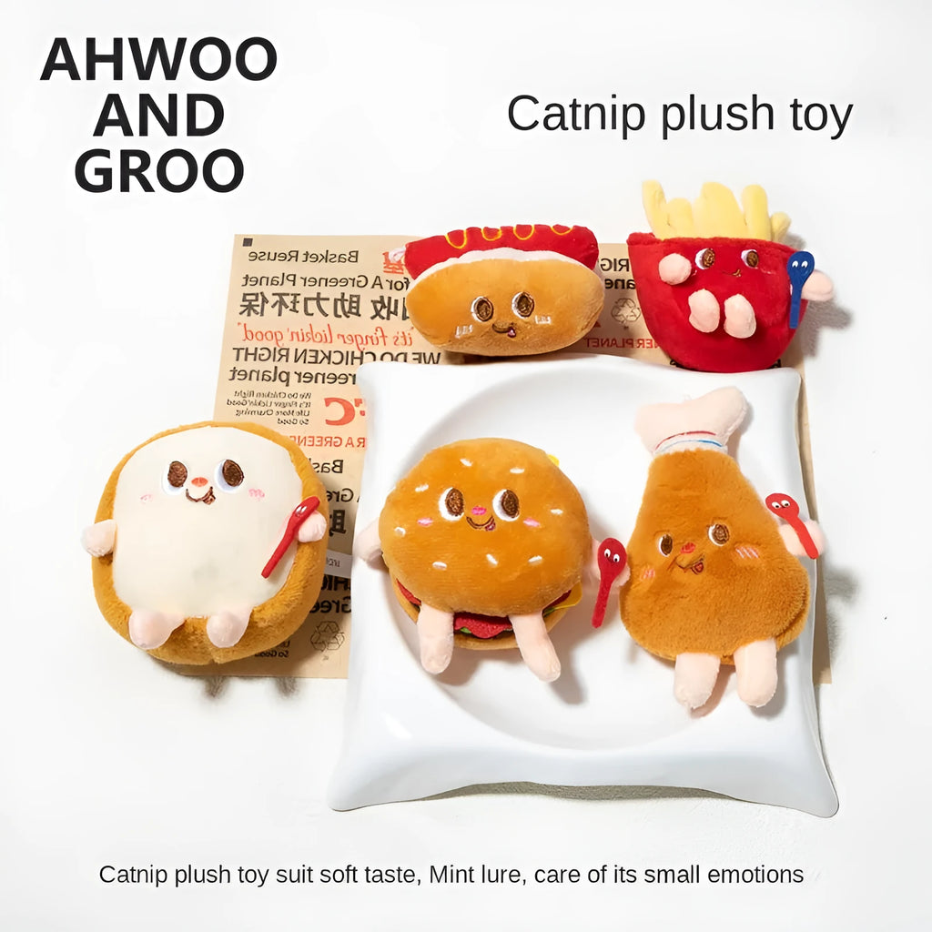 Cat chewing toy shaped like hamburger and chicken leg with catnip filling