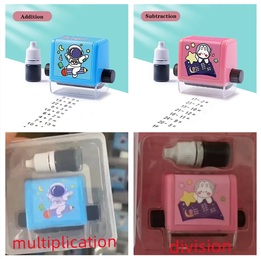 Math roller stamp in blue or pink, plastic, 4.4 x 3 x 4.8 cm, for addition subtraction multiplication division practice.