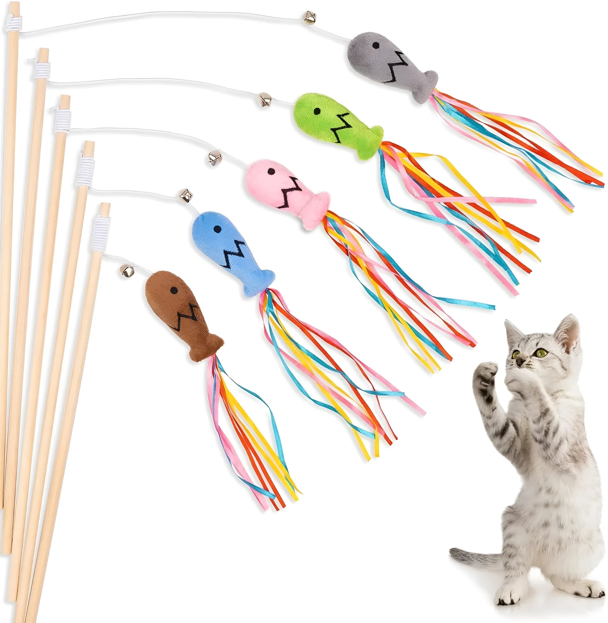 Interactive cat wand toy with colourful ribbons, bell, and catnip fish on a wooden handle.