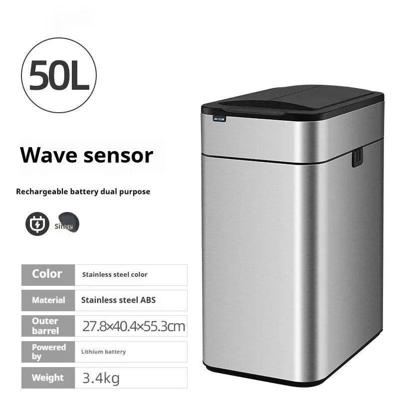 Stainless steel square inductive smart trash can with sensor lid and large capacity.