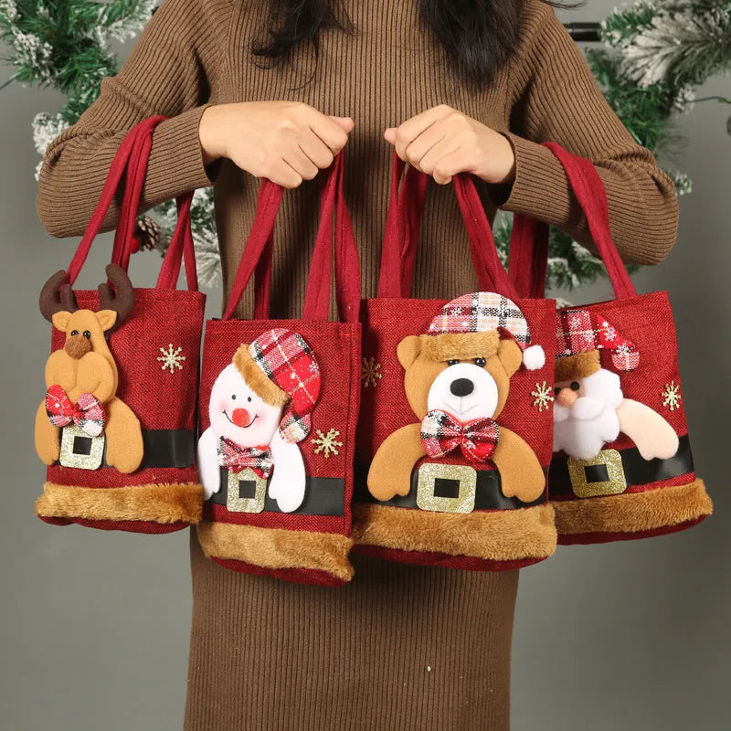 Small cloth Christmas candy tote bag with Santa Claus, snowman, deer and bear character designs