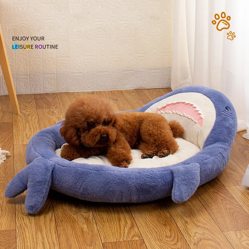 Blue shark pattern velvet pet bed cushion with PP cotton filling on wooden floor