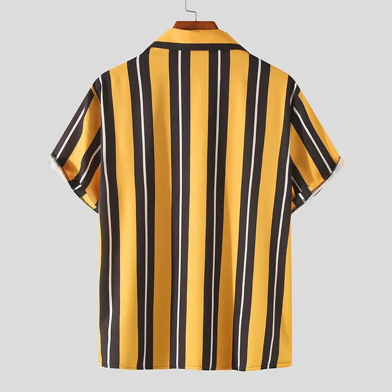 Men's yellow cotton loose fit casual summer streetwear short sleeve shirt