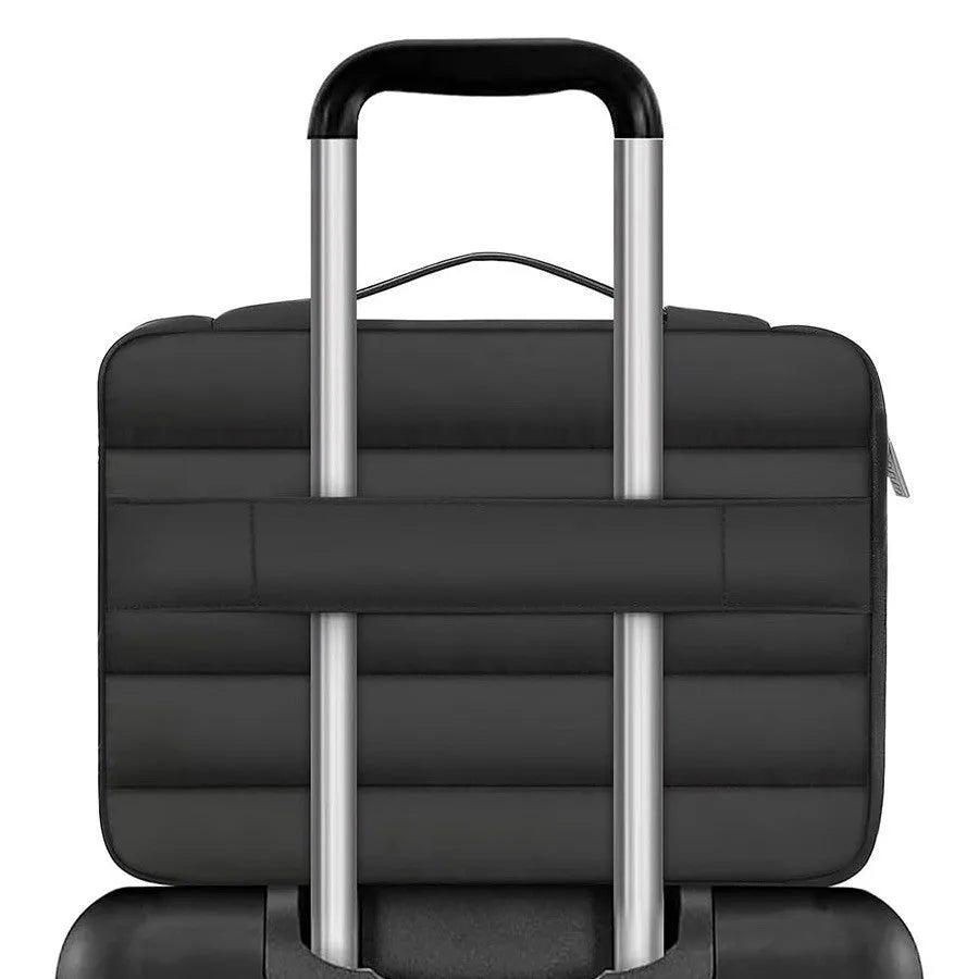 Velvet laptop bag with plaid pattern in light brown colour showing structured storage for 13.3-inch devices