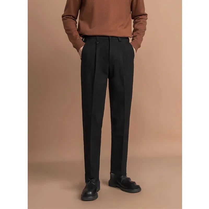 Men's straight-leg trousers in polyester with draped detail, shown in black, dark grey, khaki or brown.