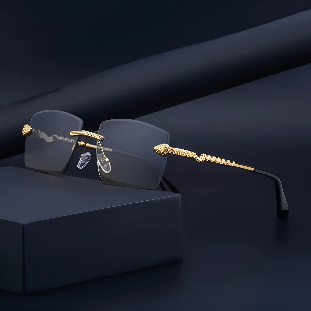 Rimless sunglasses for men with UV400 PC lenses and wood-grain arms, shown in one of six colour options.