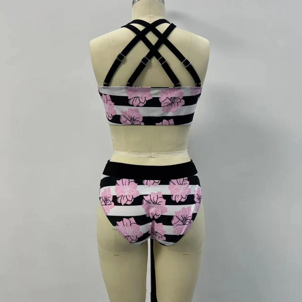 Women's black printed belly-covered slimming split bikini swimsuit for swimming and water sports