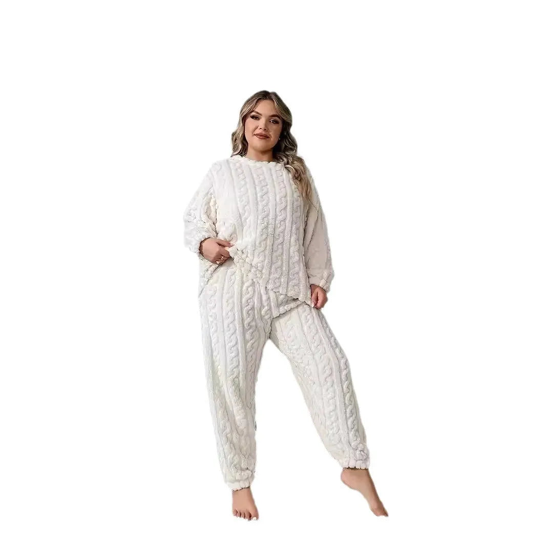 Women's creamy white plush two-piece casual set with crew neck top and trousers