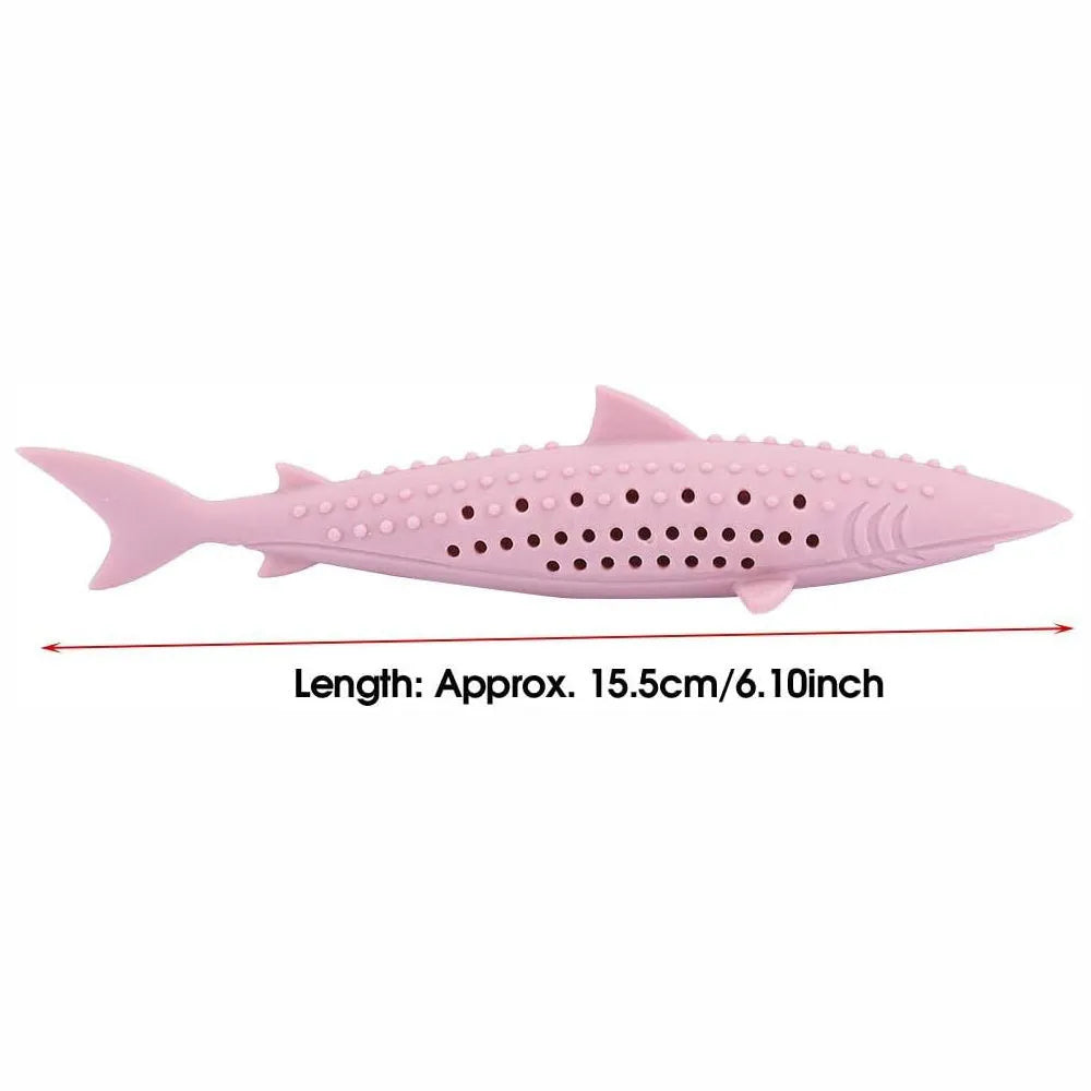 Green silicone fish-shaped chew toy for cats on a white background.
