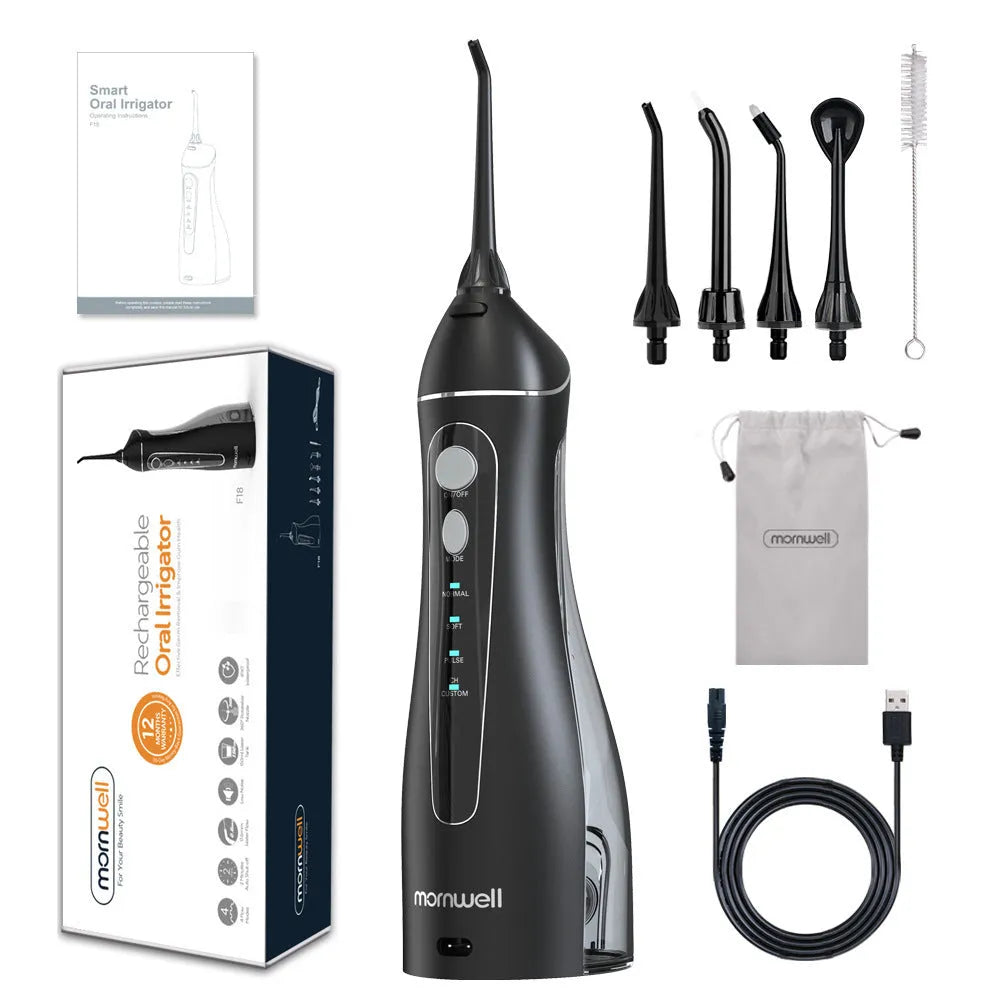 Black Prooral Mornwell portable oral irrigator with water tank and nozzle for dental cleaning.