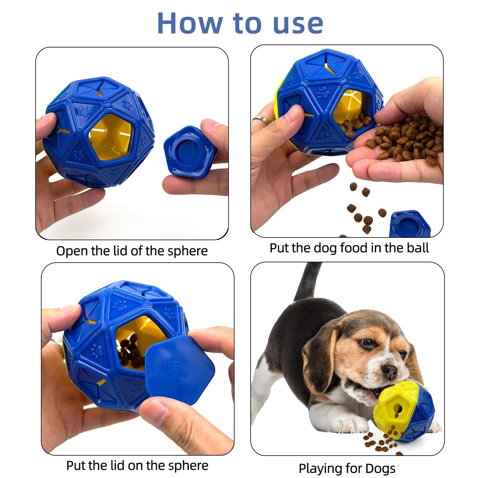 Blue and red hollow dog puzzle ball for treat dispensing and interactive play