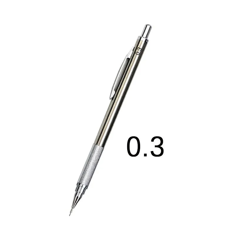 Metal automatic mechanical pencil showing lead size options from 0.3mm to 3.0mm for writing and drafting