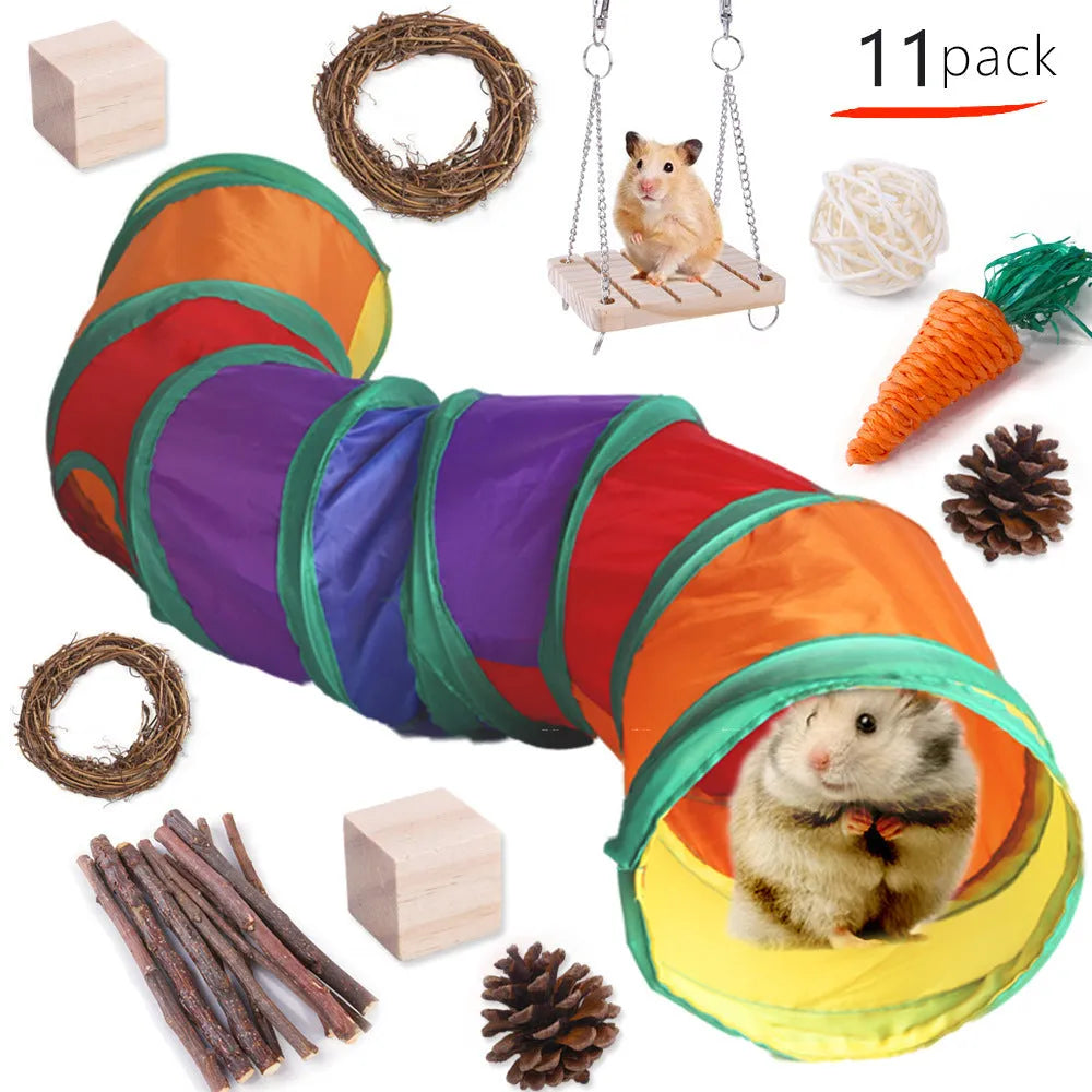Assortment of natural wooden and woven grass chew toys for small pets like rabbits and guinea pigs