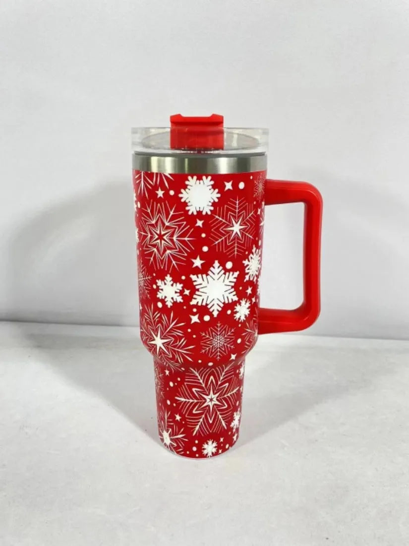 Christmas pattern stainless steel travel mug with handle, straw, and lid, showing 1200ml capacity.