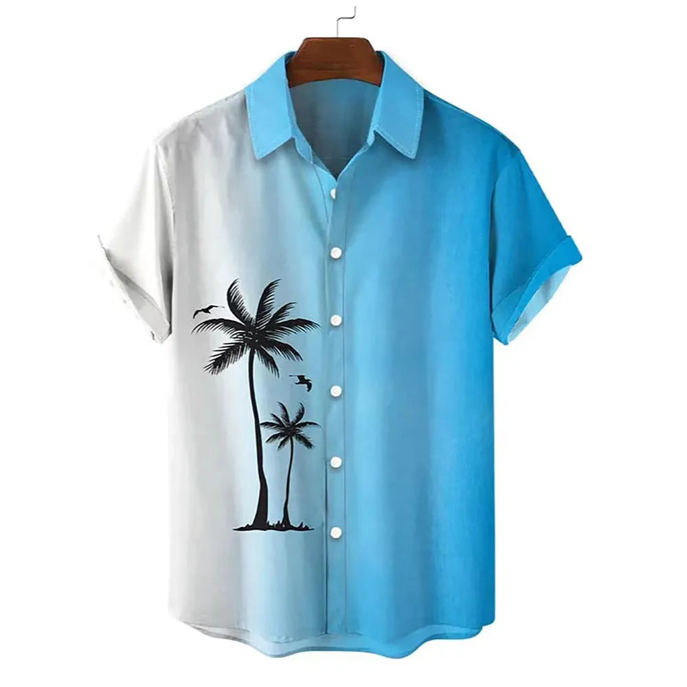 Man wearing a short-sleeved Hawaiian shirt with colourful 3D printed patterns.
