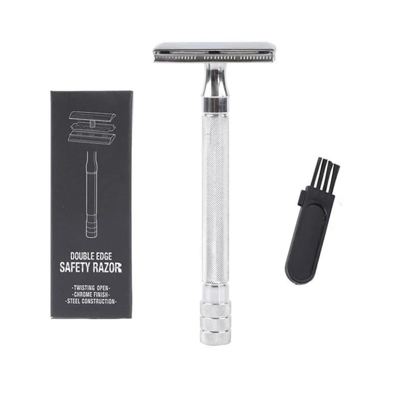 Manual beard shaving tool with metal scraper and brush for traditional wet shaving