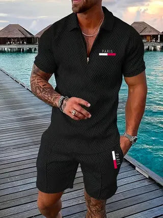 Men's casual retro plaid beach suit set with Paris heat transfer patch short sleeve T-shirt and shorts in multiple colours