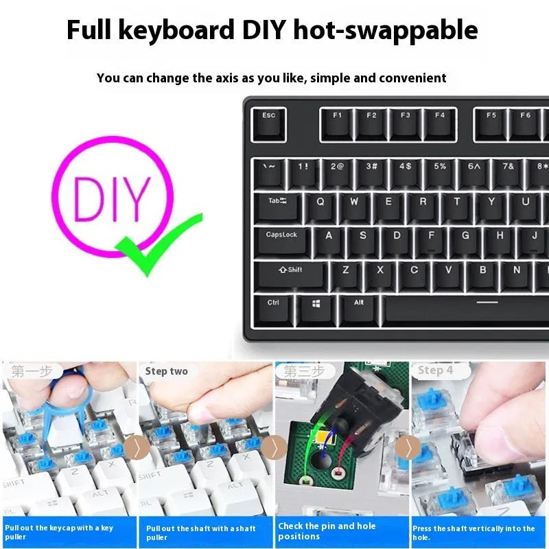 87-key wired mechanical keyboard with two-tone keycaps, shown with switch puller and cleaning brush