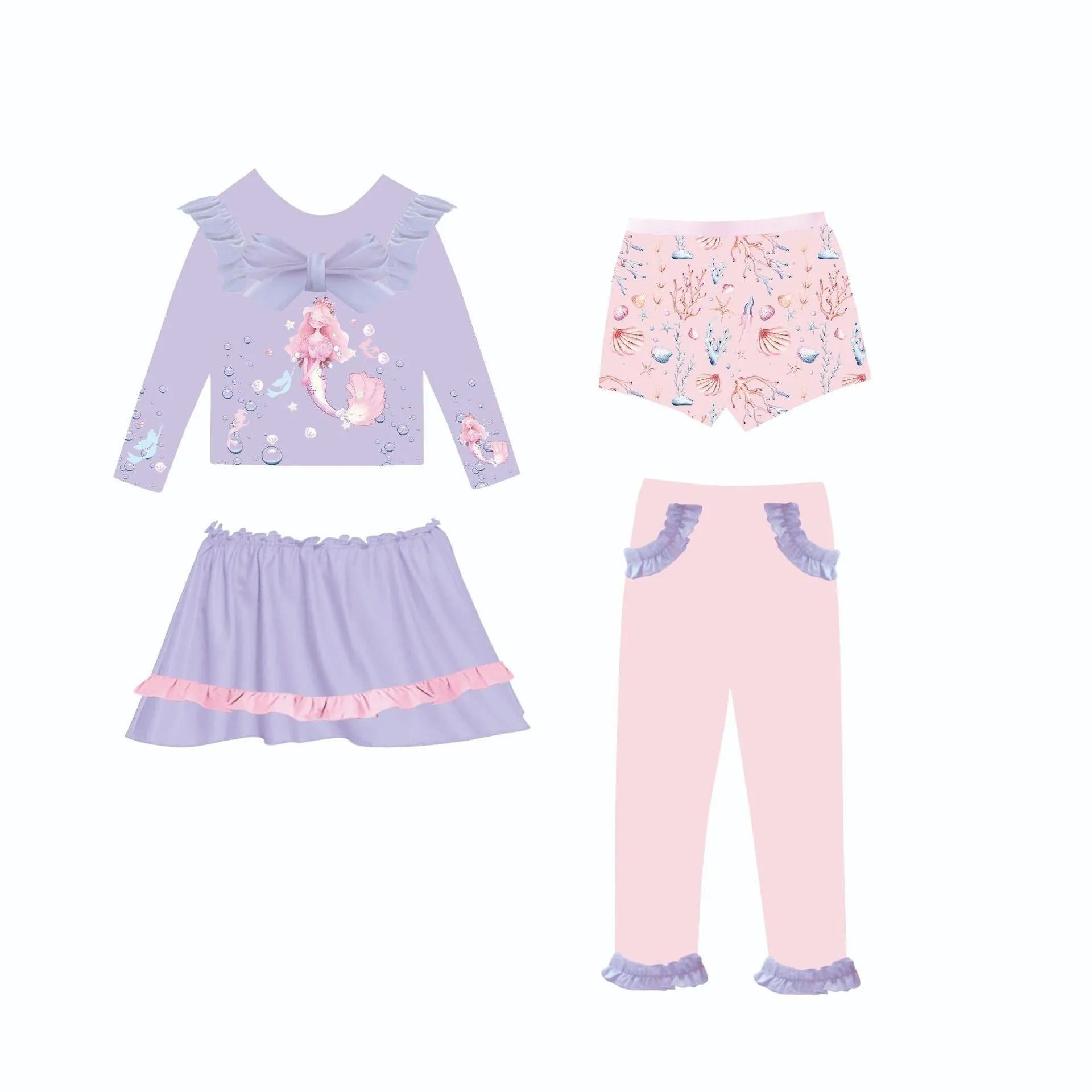 Girl's gilded mermaid swimsuit set with top, skirt, trousers, and shorts in polyester fabric
