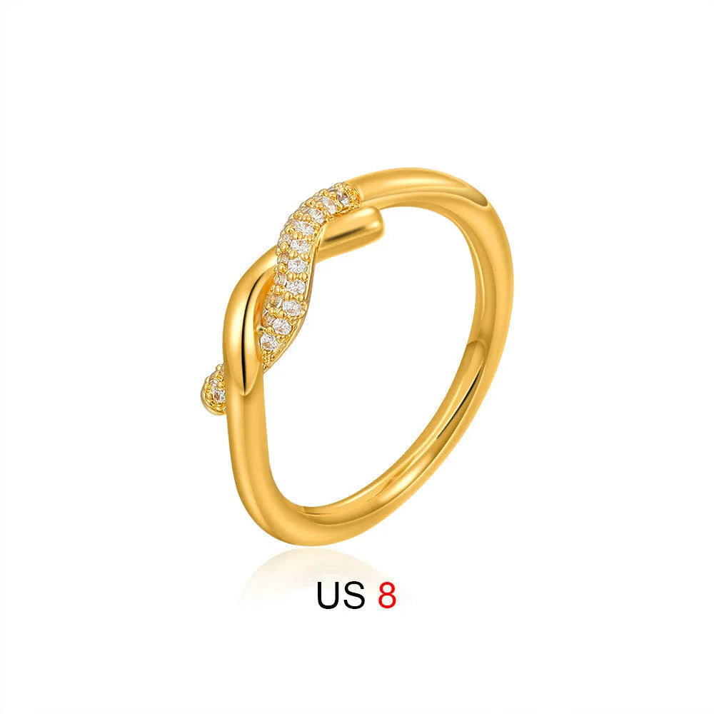 Knotted zircon ring with micro inlaid detail, copper electroplated wave bow design, unisex sizes 6 7 8