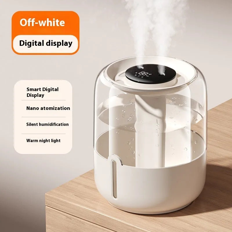 Round beige USB-powered humidifier with dual spray nozzles, a front display, and control gear.