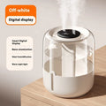 Round beige USB-powered humidifier with dual spray nozzles, a front display, and control gear.