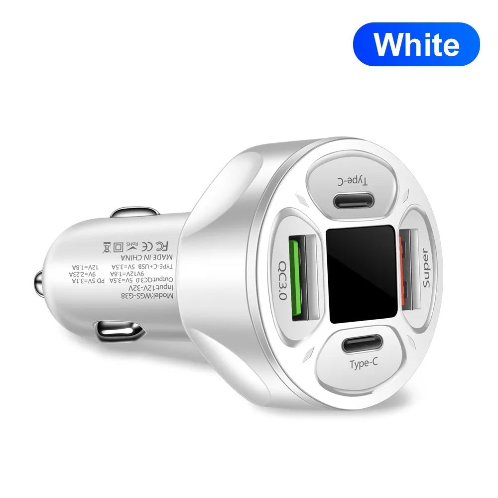 66W dual USB and dual Type-C car charger with digital display showing voltage reading