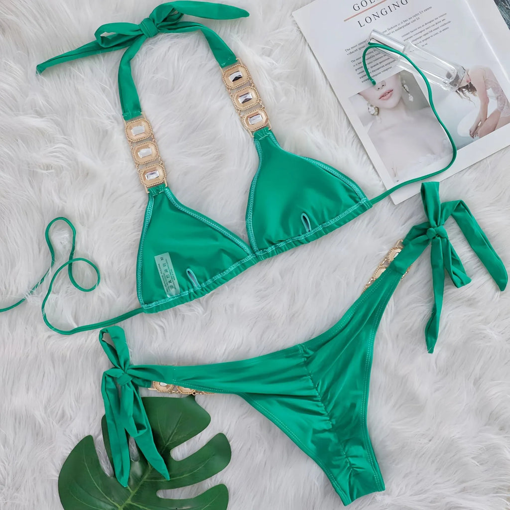 Women's crystal diamond bikini split nylon two-piece swimsuit in multiple colours including black, blue, and emerald
