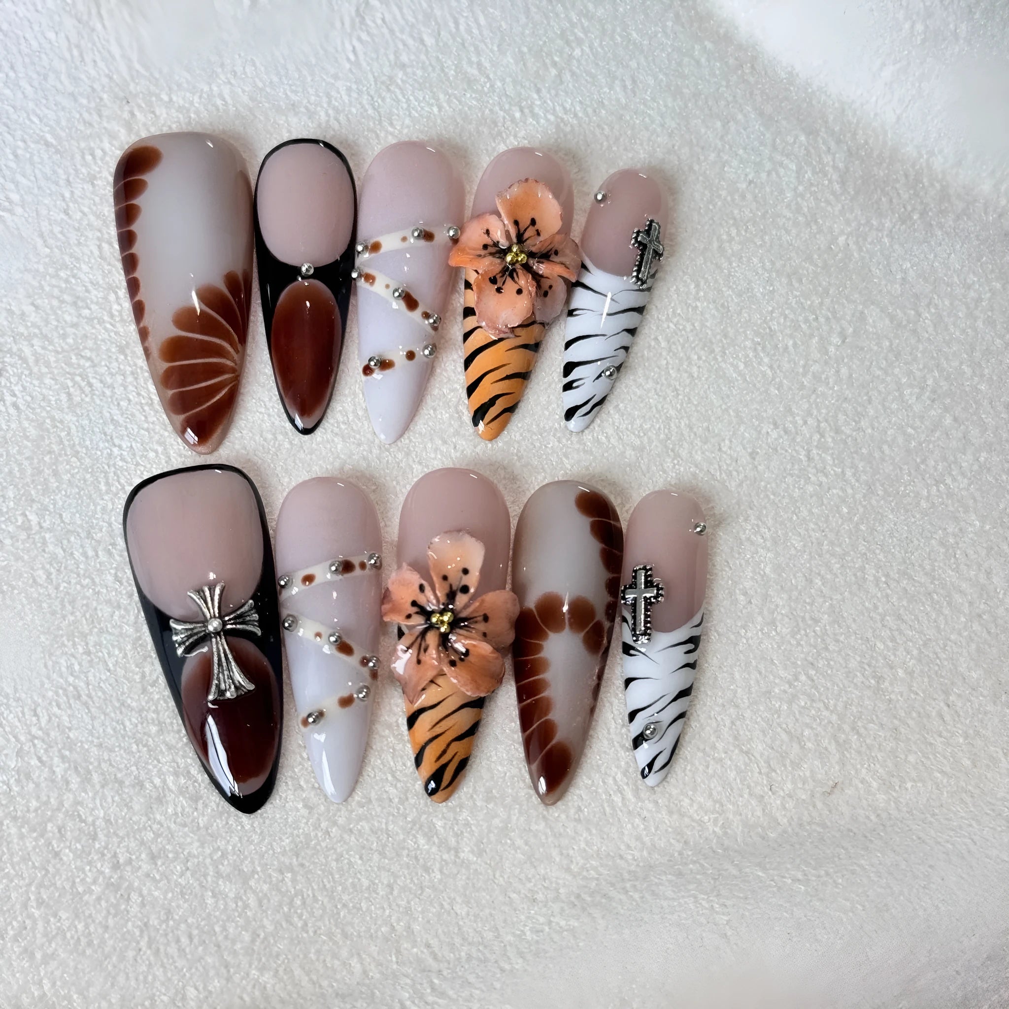French style leopard print nail stickers with cross and floral patterns in wear-resistant long tip design