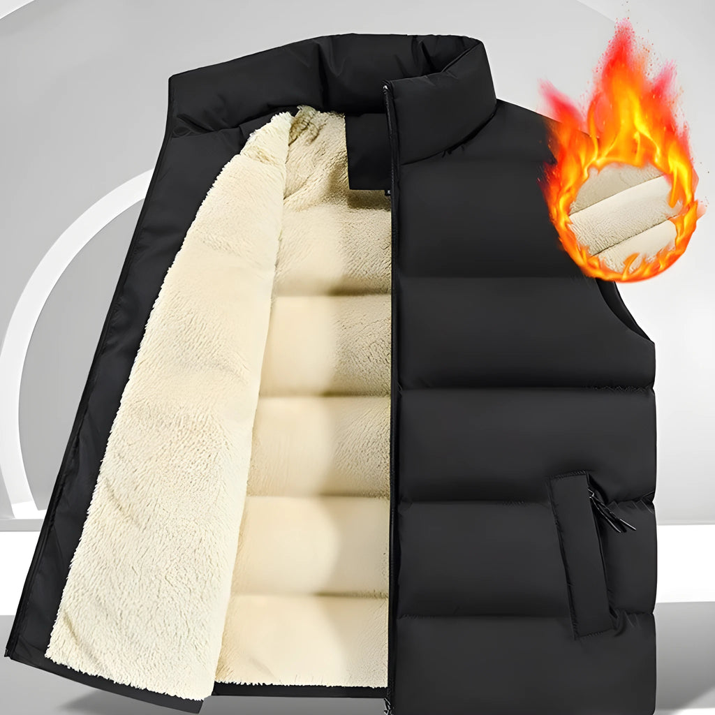A striped men's sleeveless lambswool vest in black, shown on a hanger.