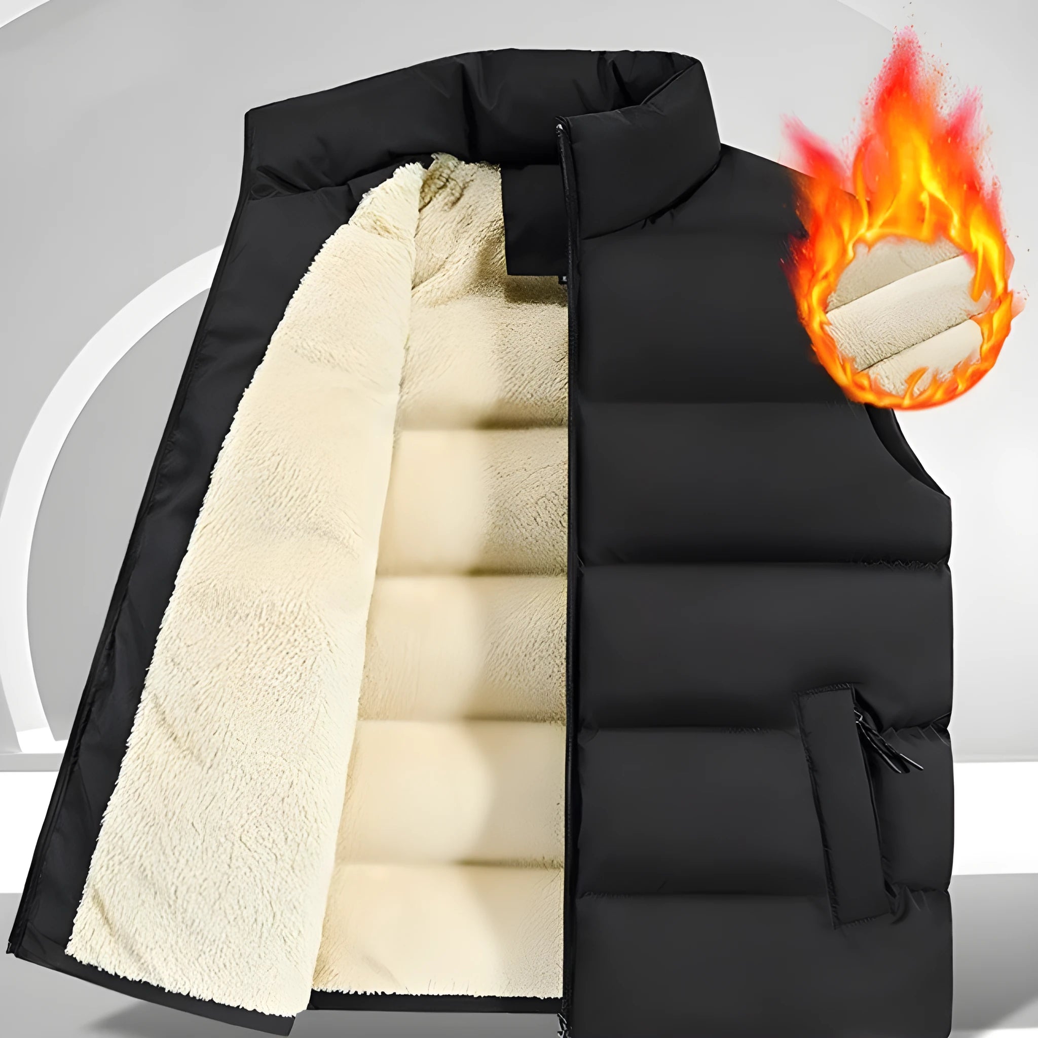 A striped men's sleeveless lambswool vest in black, shown on a hanger.