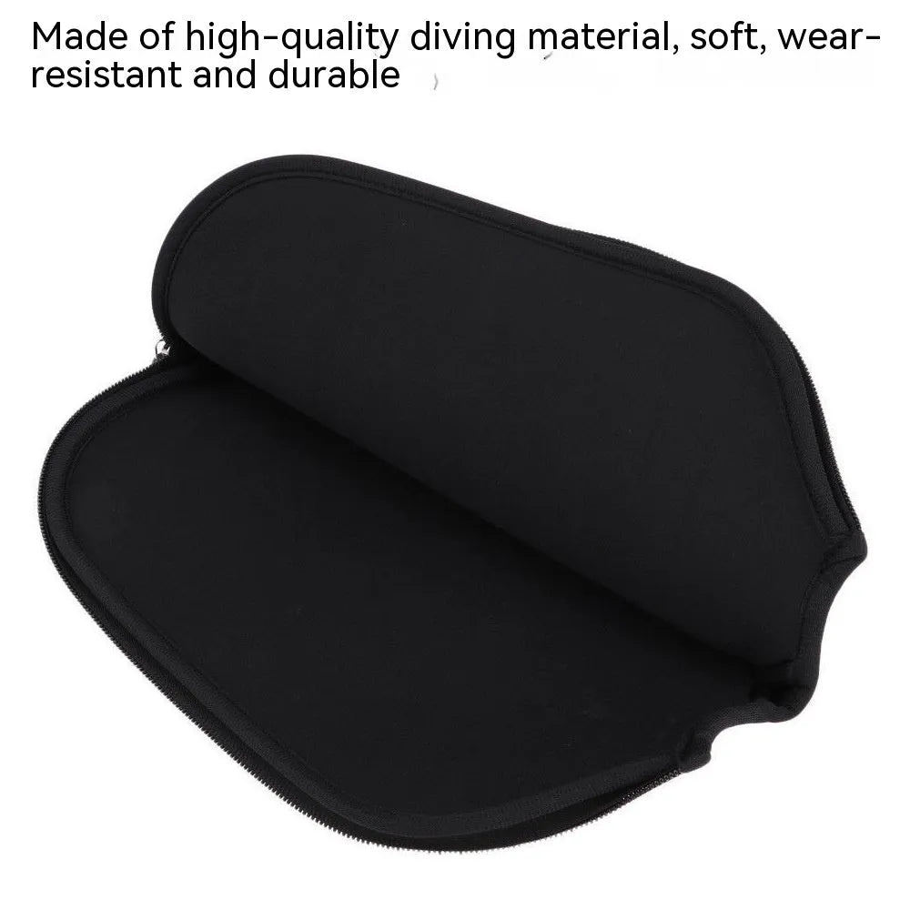Black neoprene protective sleeve for a table tennis racket on a plain background