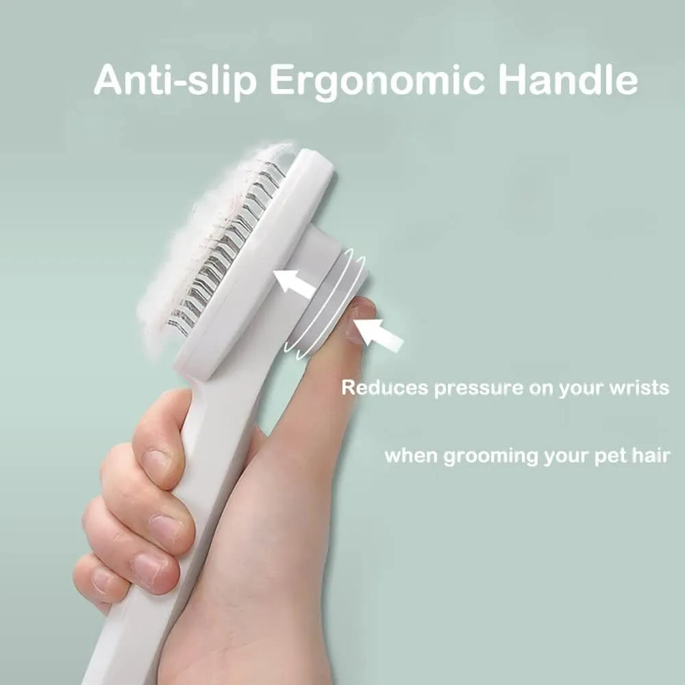 Blue self-cleaning cat grooming brush with one-click button and rubber-tipped needles